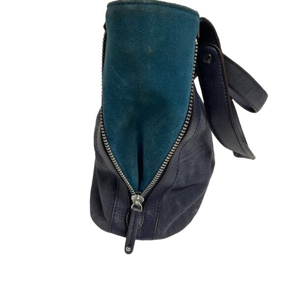TIGNANELLO  Navy/Emerald  Green Suede Leather Shoulder Bag With Expandable Sides - Picture 6 of 13